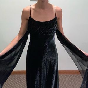 Blue formal dress with optional shawl/accessories.